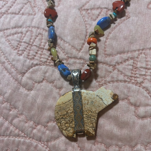 Southwestern Sterling Multi-Gemstone Bear Pendant Necklace - Picture 4 of 4